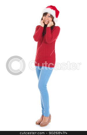 To use this stock image in your creative project, please select the size you need over to the right and click the "Add to Cart" button.
Your downloaded image will come with the Cutcaster watermark removed so don’t worry about the watermark you see on this page. Full body Happy Asian Christmas woman stock photo, Happy Asian Christmas woman wearing santa hat. Christmas woman portrait of a cute, beautiful smiling Asian Chinese / Japanese model. Full body isolated on white background. by szefei
