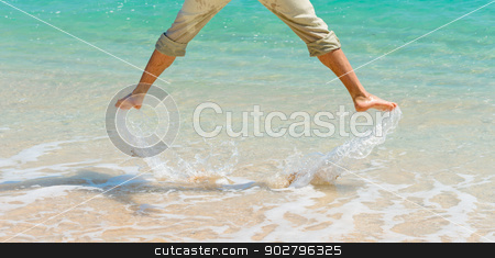 To use this stock image in your creative project, please select the size you need over to the right and click the "Add to Cart" button.
Your downloaded image will come with the Cutcaster watermark removed so don’t worry about the watermark you see on this page. Have a fun near blue sea stock photo, Male legs under clean blue sea water jumping up and splashing water by Iryna Rasko