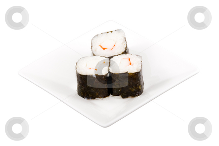 Sushi Sushi stock photo, A square white plate with three pieces of sushi by Petr Koudelka