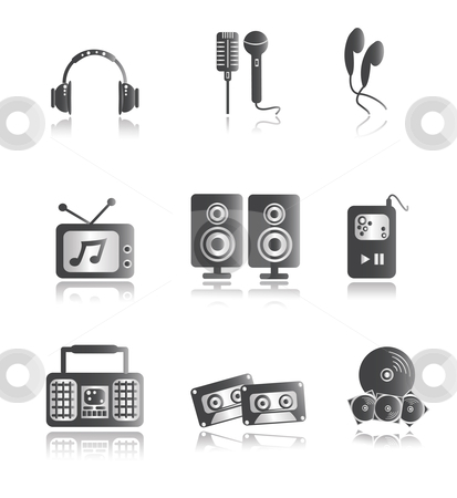 Silver Music Icons Silver Music Icons stock vector clipart, Icon illustration of music items in silver by Stephanie Soon