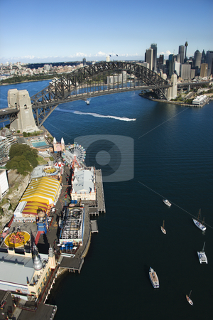 To use this stock image in your creative project, please select the size you need over to the right and click the "Add to Cart" button.
Your downloaded image will come with the Cutcaster watermark removed so don’t worry about the watermark you see on this page. Sydney aerial, Australia. stock photo, Aerial view of Luna Park Sydney, Australia with boats in Sydney harbour and view of Sydney Harbour Bridge. by Iofoto Images