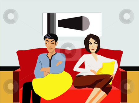 Couple sitting on sofa, looking angry Couple sitting on sofa, looking angry stock vector clipart, by Rodania El Sherief