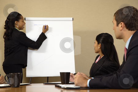 Leadership businesswoman. Leadership businesswoman. stock photo, Businesspeople sitting at conference table while businesswoman gives presentation. by Iofoto Images