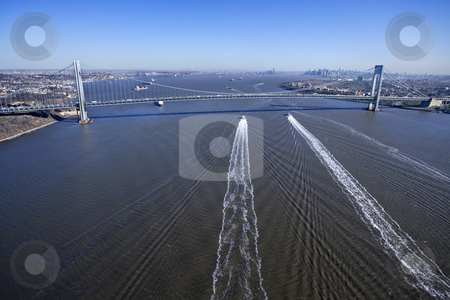 Manhattan bridge, NYC. Manhattan bridge, NYC. stock photo, Aerial view of New York City's Verrazano-Narrow's Bridge with boats in water. by Iofoto Images