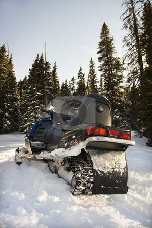 Snowmobile in forest. Snowmobile in forest. stock photo, Snowmobile in snow with trees in background. by Iofoto Images