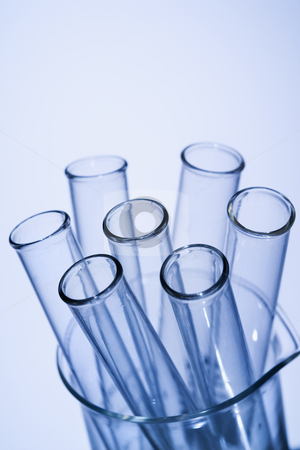 Laboratory equipment Laboratory equipment stock photo, Test tubes in glass beaker with blue tint. by Iofoto Images