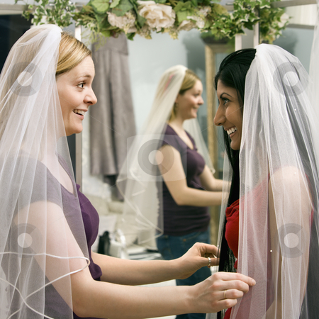 Friends trying on veils. Friends trying on veils. stock photo, Indian woman and Caucasian woman trying on veils and looking in mirror. by Iofoto Images