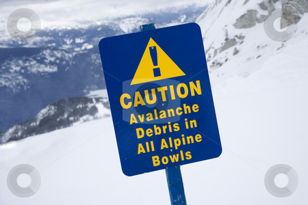 Snow ski caution sign. Snow ski caution sign. stock photo, Snow ski resort caution sign on mountain side. by Iofoto Images