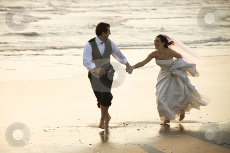 To use this stock image in your creative project, please select the size you need over to the right and click the "Add to Cart" button.
Your downloaded image will come with the Cutcaster watermark removed so don’t worry about the watermark you see on this page. Bride and groom on beach. stock photo, Caucasian prime adult male groom and female bride running barefoot on beach. by Iofoto Images