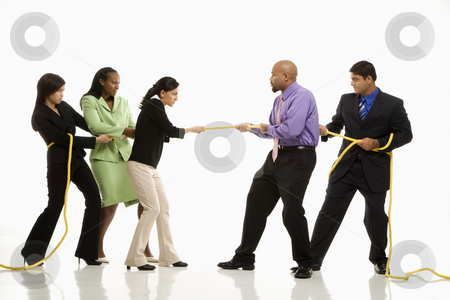 To use this stock image in your creative project, please select the size you need over to the right and click the "Add to Cart" button.
Your downloaded image will come with the Cutcaster watermark removed so don’t worry about the watermark you see on this page. Tug of war. stock photo, Multi-ethnic businessmen playing tug of war against businesswomen. by Iofoto Images