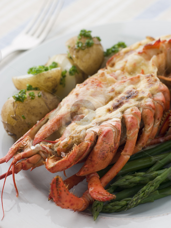 To use this stock image in your creative project, please select the size you need over to the right and click the "Add to Cart" button.
Your downloaded image will come with the Cutcaster watermark removed so don’t worry about the watermark you see on this page. Half a Lobster Thermidor with New Potatoes and Asparagus Spears stock photo, by Monkey Business Images