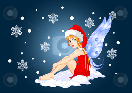 Magical christmas fairy (vector) Magical christmas fairy (vector) stock vector clipart, Christmas fairy sitting. Snowing. Illustration by Anna Vtlichkovsky