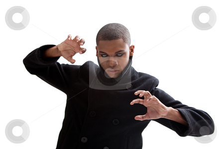 To use this stock image in your creative project, please select the size you need over to the right and click the "Add to Cart" button.
Your downloaded image will come with the Cutcaster watermark removed so don’t worry about the watermark you see on this page. Zombie ghoul stock photo, African man with smokey white eyes, strong expression and black coat, isolated by Paul Hakimata