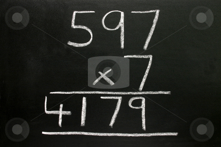 A basic multiplication sum on a blackboard. A basic multiplication sum on a blackboard. stock photo, A basic multiplication sum on a blackboard. by Stephen Rees