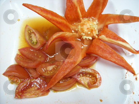 Pepper flower and tomato Pepper flower and tomato stock photo, One salad with big red pepper flower and tomato in a white square plate by Natalia Gesto