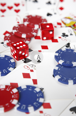 Gambling cards, chips and dice with shallow focus. Gambling cards, chips and dice with shallow focus. stock photo, Gambling cards, chips and dice with shallow focus. by Stephen Rees