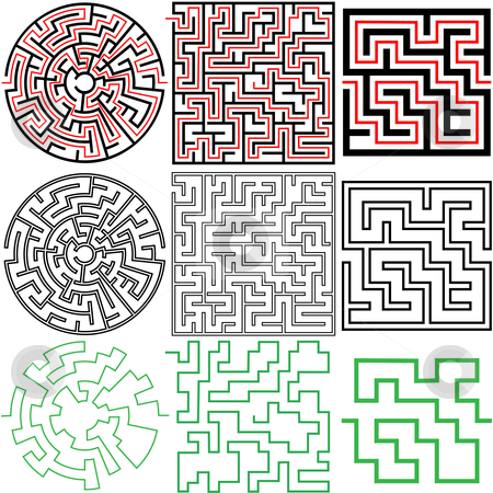 Maze Set of 3 puzzle variations with solutions Maze Set of 3 puzzle variations with solutions stock vector clipart, A set of 3 maze puzzles with solutions and in variations of solid and outline. by Michael Brown