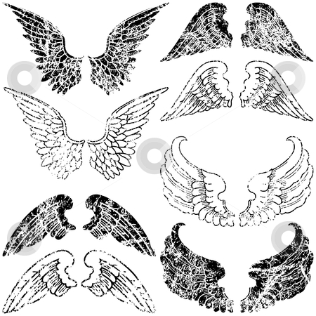 Grunge Angel Wings Grunge Angel Wings stock vector clipart, Eight Pairs of Grunge Angel Wings by Adrian Sawvel
