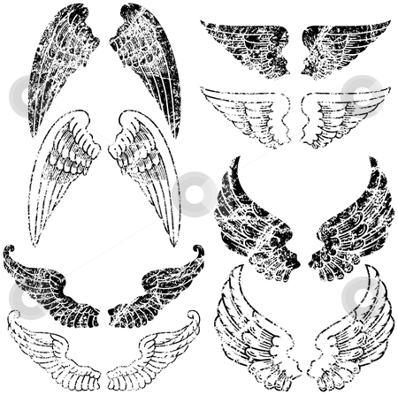 To use this stock image in your creative project, please select the size you need over to the right and click the "Add to Cart" button.
Your downloaded image will come with the Cutcaster watermark removed so don’t worry about the watermark you see on this page. Grunge Angel Wings stock vector clipart, Eight Pairs of Grunge Angel Wings by Adrian Sawvel