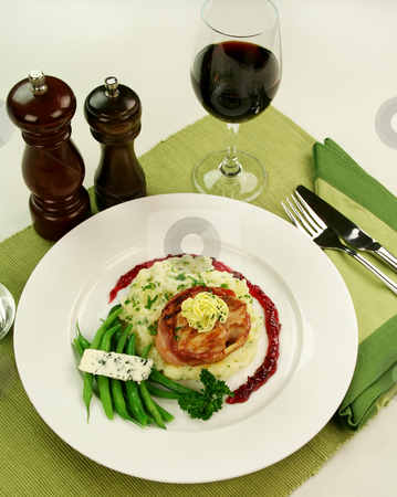 To use this stock image in your creative project, please select the size you need over to the right and click the "Add to Cart" button.
Your downloaded image will come with the Cutcaster watermark removed so don’t worry about the watermark you see on this page. Chicken Fillet Mignon stock photo, Chicken fillet mignon on parsley mashed potato with green beans and blue cheese and red wine and raspberry jus. by Brett Mulcahy