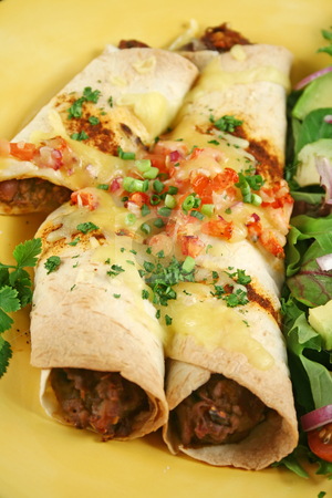 Beef Enchiladas Beef Enchiladas stock photo, Beef and red kidney bean enchiladas with cheese and salad. by Brett Mulcahy