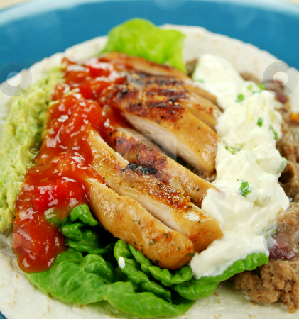 To use this stock image in your creative project, please select the size you need over to the right and click the "Add to Cart" button.
Your downloaded image will come with the Cutcaster watermark removed so don’t worry about the watermark you see on this page. Open Chicken Tortilla stock photo, Open chicken tortilla with refried beans, guacamole and sour cream with chives. by Brett Mulcahy