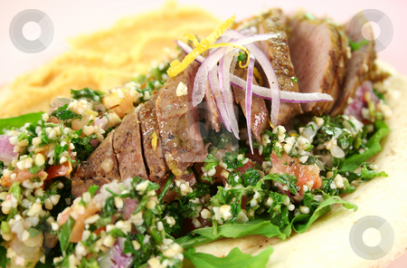 Middle Eastern Lamb Pita Bread Middle Eastern Lamb Pita Bread stock photo, Sliced Middle Eastern lamb fillet with hummus and tabouleh. by Brett Mulcahy
