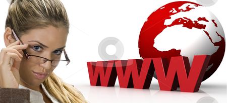 To use this stock image in your creative project, please select the size you need over to the right and click the "Add to Cart" button.
Your downloaded image will come with the Cutcaster watermark removed so don’t worry about the watermark you see on this page. Woman and three dimensional world wide web with globe stock photo, Woman and three dimensional world wide web with globe on an isolated white background by Imagery Majestic