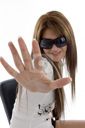 Charming female showing her palm Charming female showing her palm stock photo, Charming female showing her palm against white background by Imagery Majestic