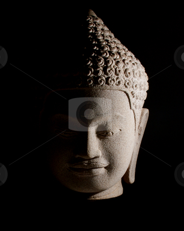 Buddha Buddha stock photo, Stone Buddha head. Strong side lighting. Isolated on black. by Martin Darley