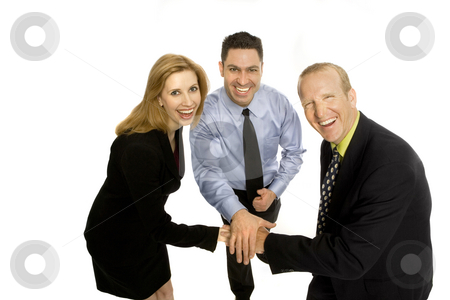 To use this stock image in your creative project, please select the size you need over to the right and click the "Add to Cart" button.
Your downloaded image will come with the Cutcaster watermark removed so don’t worry about the watermark you see on this page. Business people gesture teamwork stock photo, Three business people gesture teamwork with their hands by Rick Becker-Leckrone