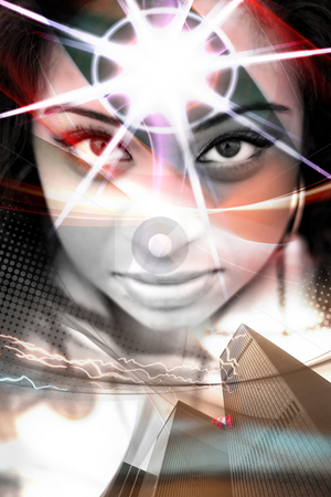 To use this stock image in your creative project, please select the size you need over to the right and click the "Add to Cart" button.
Your downloaded image will come with the Cutcaster watermark removed so don’t worry about the watermark you see on this page. Woman of the City stock photo, An abstract montage of a beautiful woman with a starburst coming from her forehead. by Todd Arena
