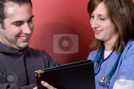 To use this stock image in your creative project, please select the size you need over to the right and click the "Add to Cart" button.
Your downloaded image will come with the Cutcaster watermark removed so don’t worry about the watermark you see on this page. At The Doctor stock photo, A young nurse sharing results with her patient during his visit. by Todd Arena