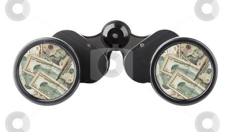 Isolated binoculars with money Isolated binoculars with money stock photo, Close up of a binoculars tool isolated over a white background by Ivan Montero