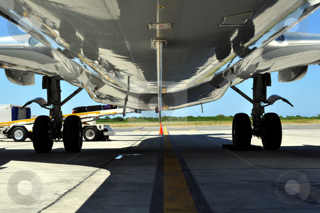 Airplane loading / offloading luggage Airplane loading / offloading luggage stock photo, Jet airliner on the ramp loading / offloading luggage by Fernando Barozza