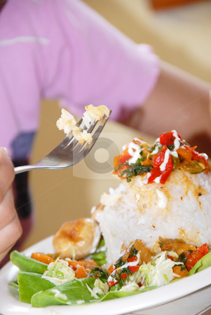 Rice dinner Rice dinner stock photo, Rice and vegetables served on plate, rice on fork by Julija Sapic