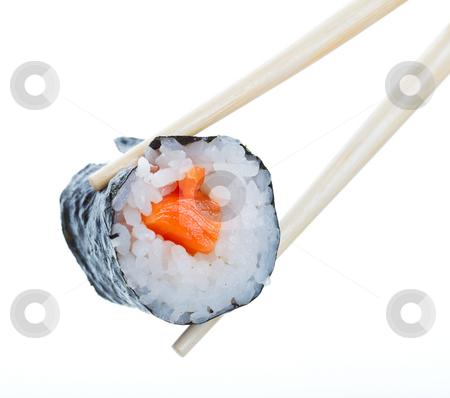 To use this stock image in your creative project, please select the size you need over to the right and click the "Add to Cart" button.
Your downloaded image will come with the Cutcaster watermark removed so don’t worry about the watermark you see on this page. Sushi roll stock photo, Sushi roll in chopsticks on a white background by Steve Mcsweeny