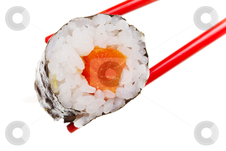 Japanese sushi Japanese sushi stock photo, Sushi roll in red chopsticks on a white background by Steve Mcsweeny