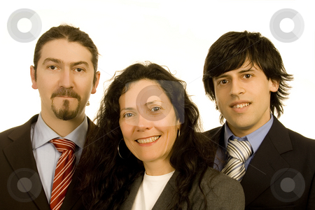 To use this stock image in your creative project, please select the size you need over to the right and click the "Add to Cart" button.
Your downloaded image will come with the Cutcaster watermark removed so don’t worry about the watermark you see on this page. Business team stock photo, Two men and a woman business team white isolate portrait by Marc Torrell