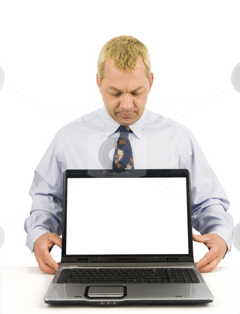 To use this stock image in your creative project, please select the size you need over to the right and click the "Add to Cart" button.
Your downloaded image will come with the Cutcaster watermark removed so don’t worry about the watermark you see on this page. Business man presenting stock photo, Business man presenting on laptop with white background by John Teeter