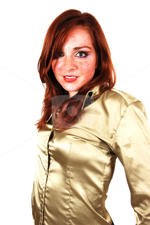 To use this stock image in your creative project, please select the size you need over to the right and click the "Add to Cart" button.
Your downloaded image will come with the Cutcaster watermark removed so don’t worry about the watermark you see on this page. Portrait of young girl. stock photo, A close-up shot of a young girl with bright red hair and an gold colored
blouse for white background. by Horst Petzold