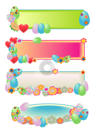 To use this stock image in your creative project, please select the size you need over to the right and click the "Add to Cart" button.
Your downloaded image will come with the Cutcaster watermark removed so don’t worry about the watermark you see on this page. Easter Egg Banners stock vector clipart, Vector Illustration of Easter eggs, pastel flowers and hearts. by Robert Gebbie