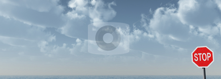 Stop Stop stock photo, Stop sign at water landscape - 3d illustration by J?