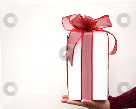 Hand Holding Red Bow Wrapped Gift Hand Holding Red Bow Wrapped Gift stock photo, A hand is holding a gift of a package in a white box with a sheer red bow ribbon against a white background. by Valerie Garner