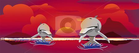 To use this stock image in your creative project, please select the size you need over to the right and click the "Add to Cart" button.
Your downloaded image will come with the Cutcaster watermark removed so don’t worry about the watermark you see on this page. Sunset jumping dolphins stock vector clipart, Two out of the water jumping dolphins with a colorful sunset by Karin Claus