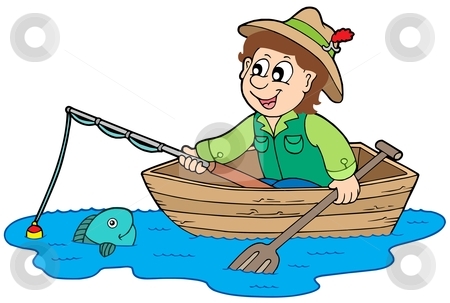 cartoon fisherman in boat. Fisherman in oat - vector