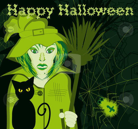 To use this stock image in your creative project, please select the size you need over to the right and click the "Add to Cart" button.
Your downloaded image will come with the Cutcaster watermark removed so don’t worry about the watermark you see on this page. Happy halloween witch stock vector clipart, Happy halloween witch with cat and broom in a dark forest with spider by Karin Claus