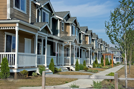 To use this stock image in your creative project, please select the size you need over to the right and click the "Add to Cart" button.
Your downloaded image will come with the Cutcaster watermark removed so don’t worry about the watermark you see on this page. Row of Newer Townhouses stock photo, This is a newer neighborhood with a row of beautiful townhouses against a bright blue sky. by Valerie Garner