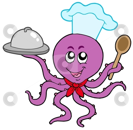 To use this stock image in your creative project, please select the size you need over to the right and click the "Add to Cart" button.
Your downloaded image will come with the Cutcaster watermark removed so don’t worry about the watermark you see on this page. Octopus chef stock vector clipart, Octopus chef on white background - vector illustration. by Klara Viskova