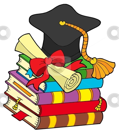 Graduation hat on pile of books stock vector clipart, Graduation hat on pile